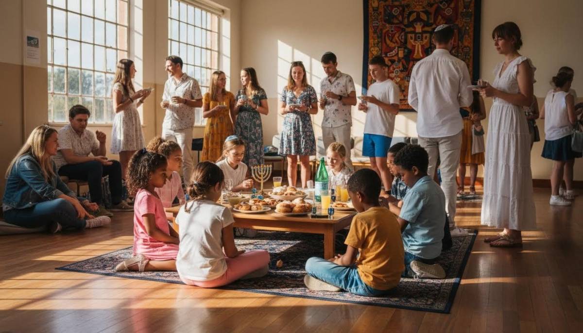Children playing dreidel near a snack table