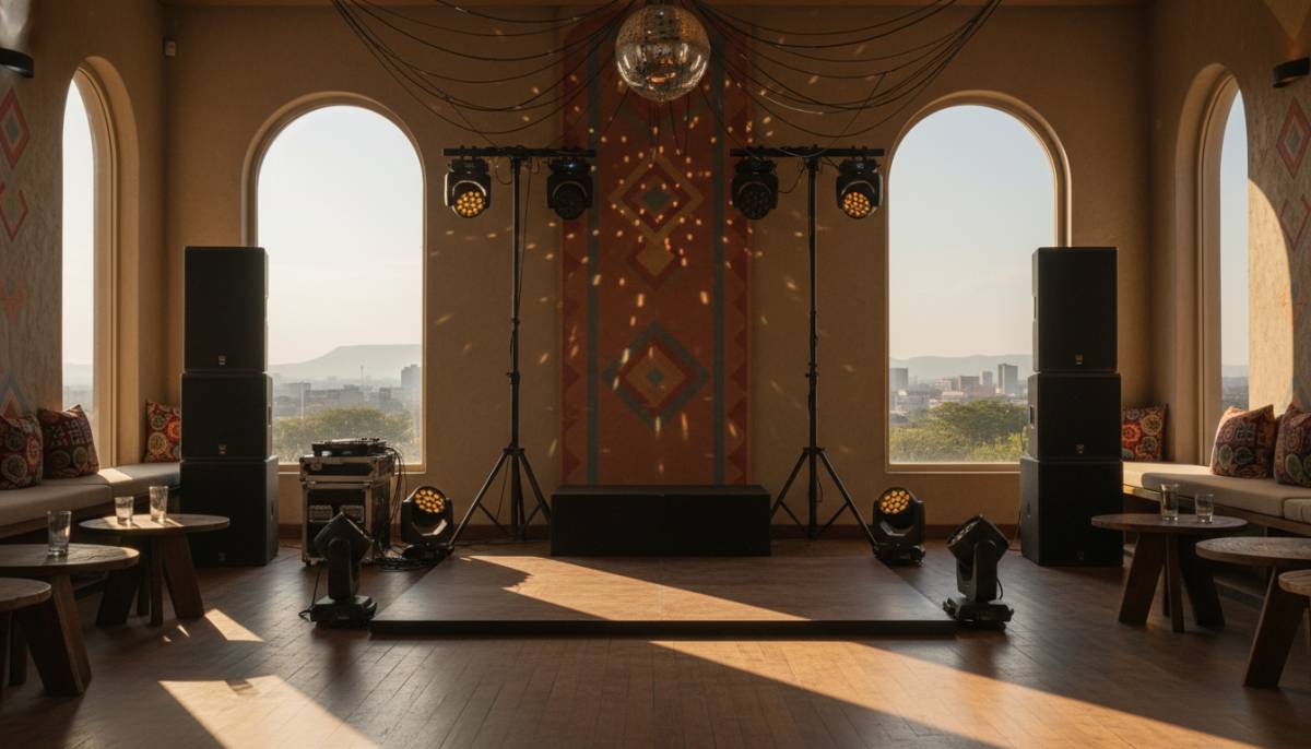 Dance floor lighting and speakers set up before a birthday party
