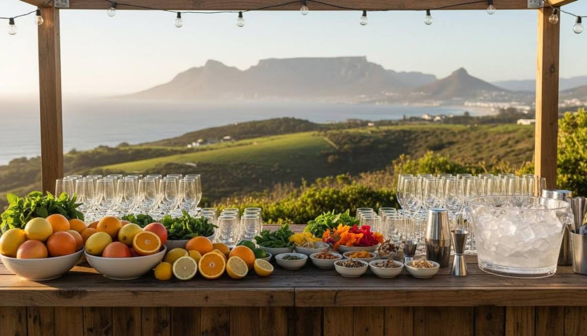 Cocktail bar setup with garnishes and glassware