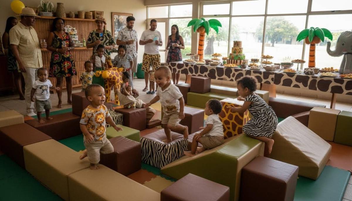 Children playing on soft play blocks at a safari birthday