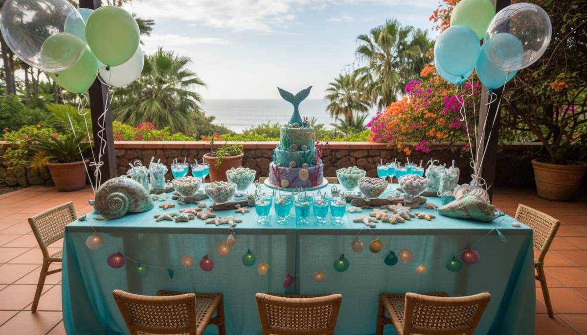 Mermaid birthday table with shell crafts