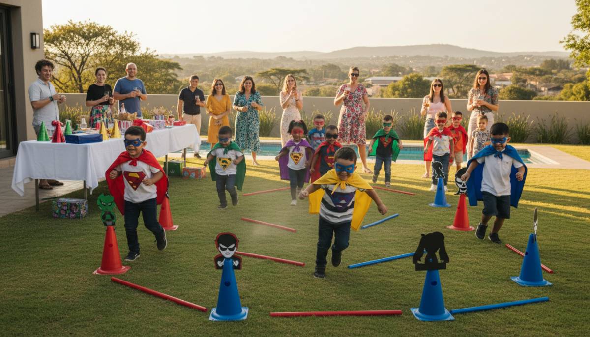 Children in capes running through a superhero obstacle course