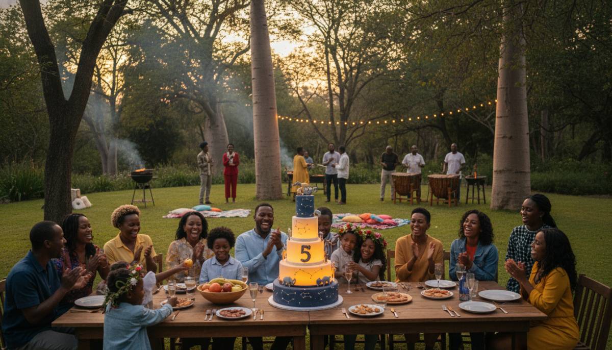 Family celebrating a 5th birthday cake at dusk