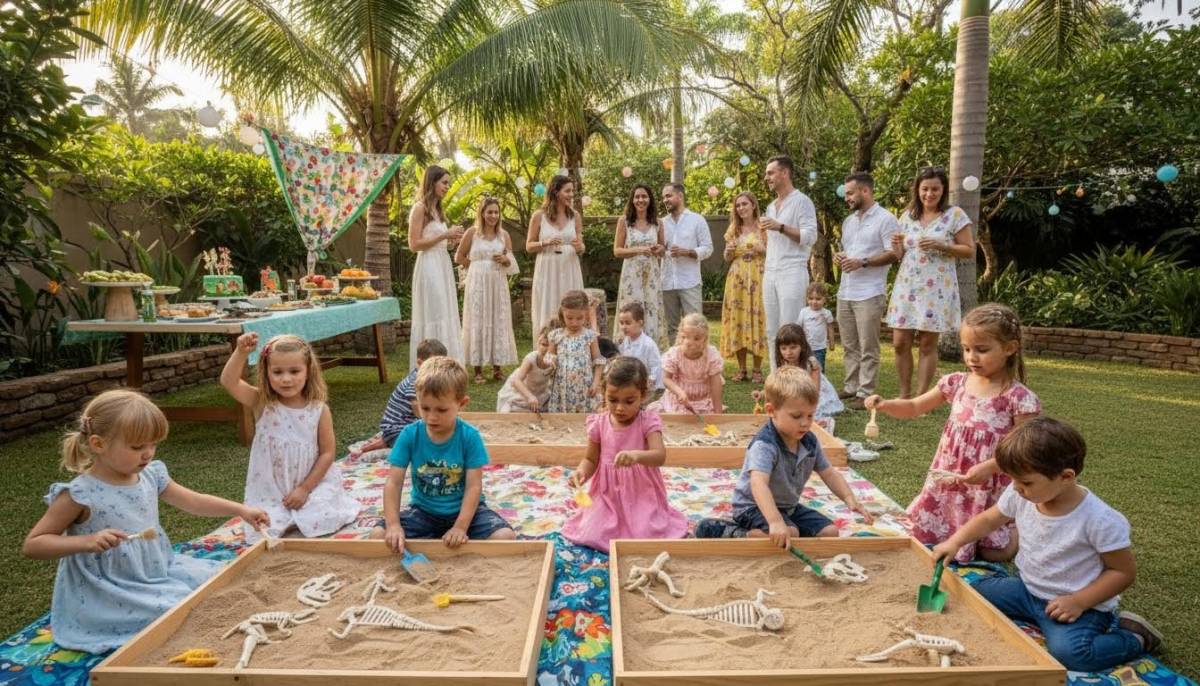 Children playing at a dinosaur dig party
