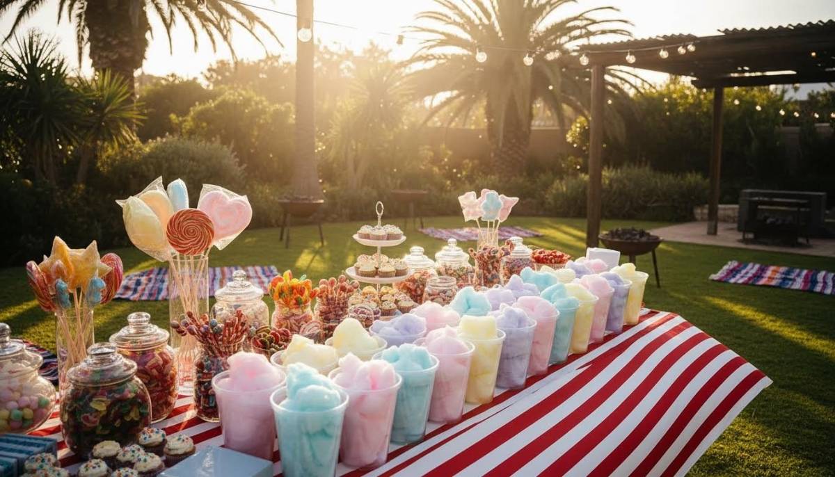 Candy carnival dessert table in a backyard