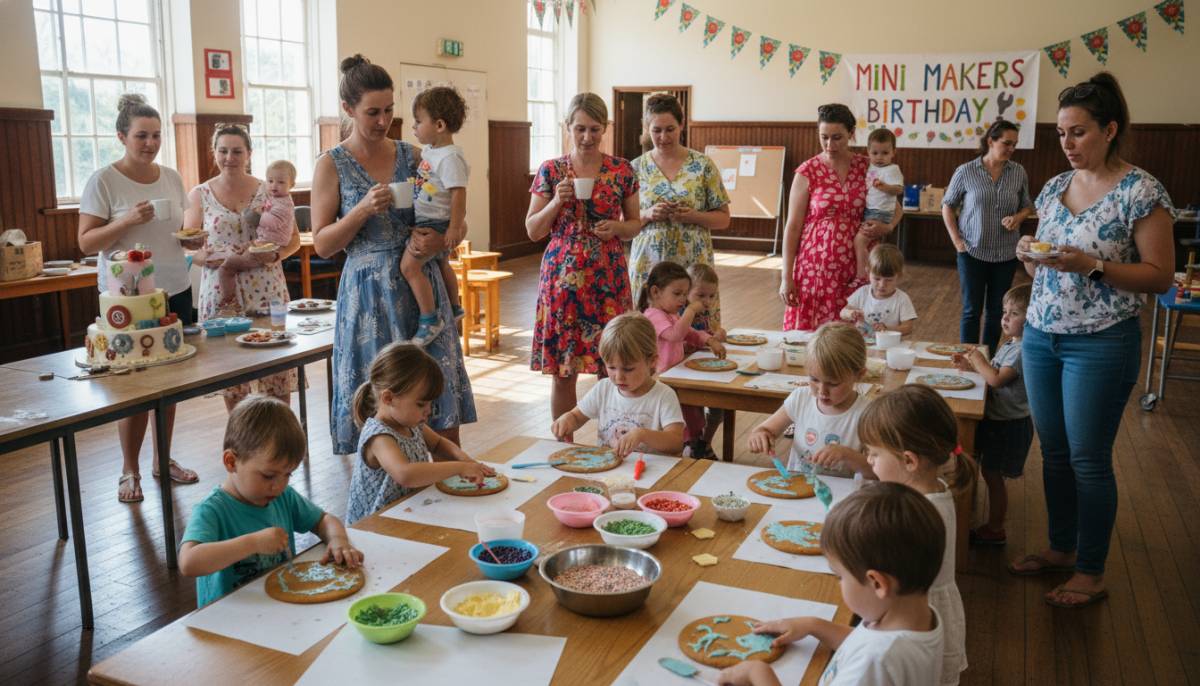 Children decorating biscuits at a birthday craft table