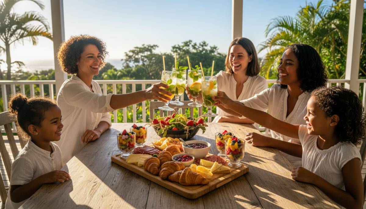 Family celebrating around a brunch board and mocktails