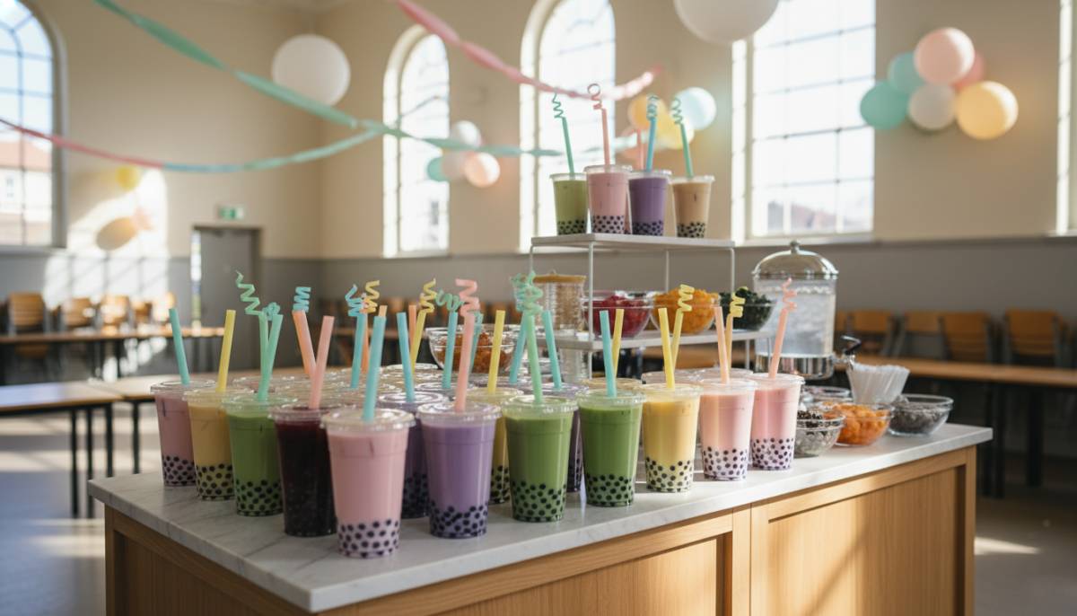 Bubble tea station with sealed cups and pastel straws