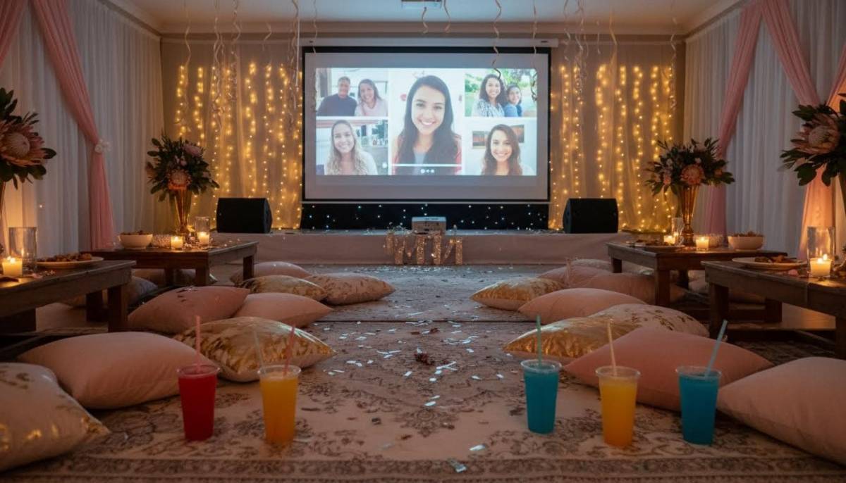 Teen guests watching a video montage with cushions and drinks