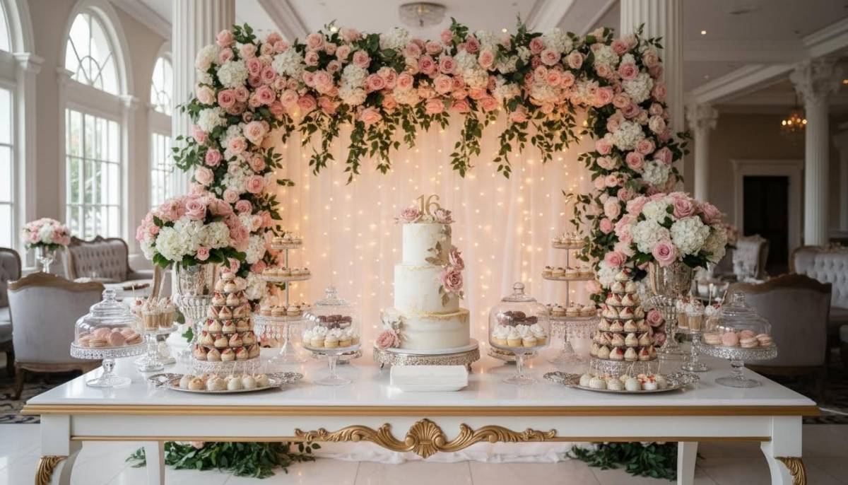 Sweet 16 cake counter with floral photo wall