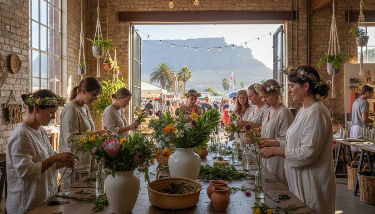 Guests doing a flower workshop at a wellness retreat