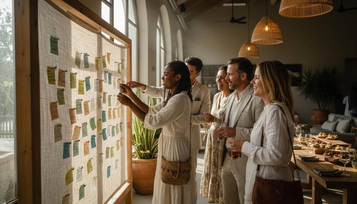 Guests adding notes to a memory wall at a retreat