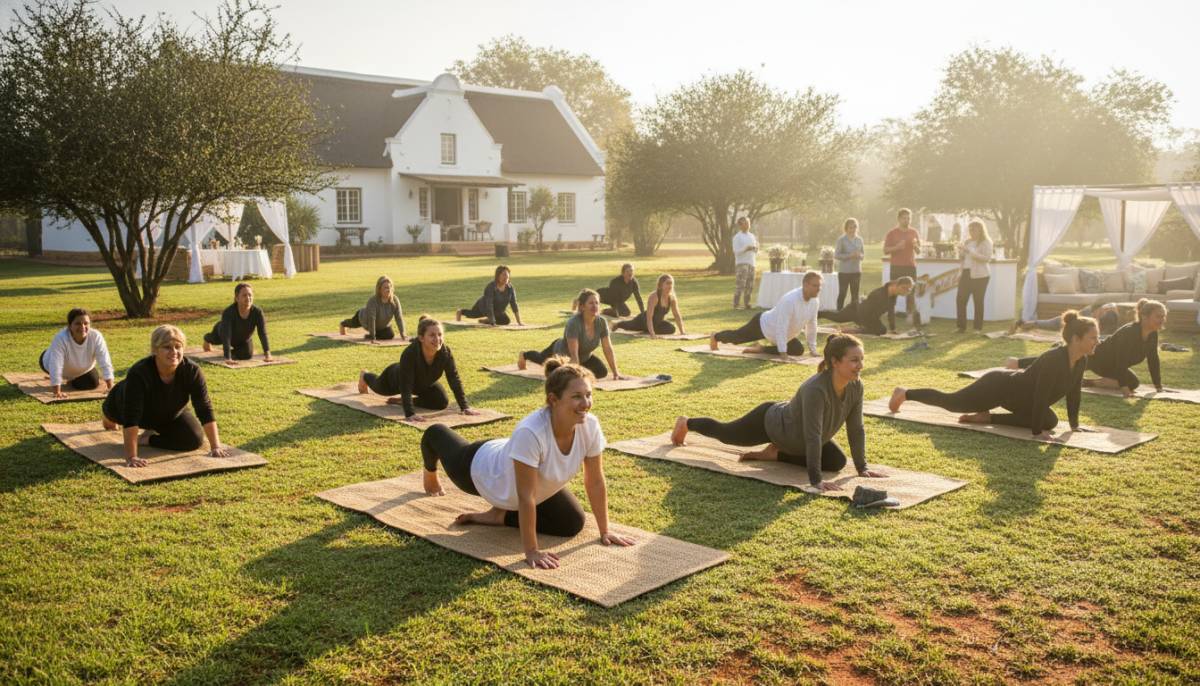 Guests doing Pilates outdoors at a wellness retreat