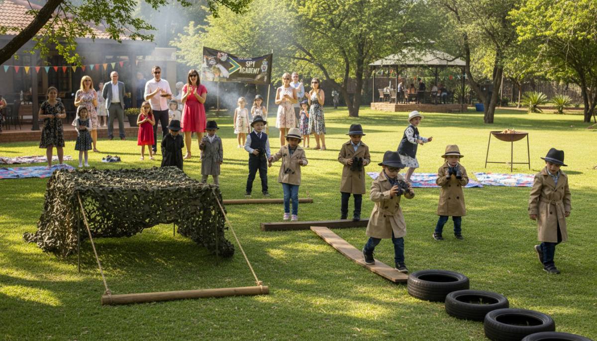 Kids running an outdoor spy training course