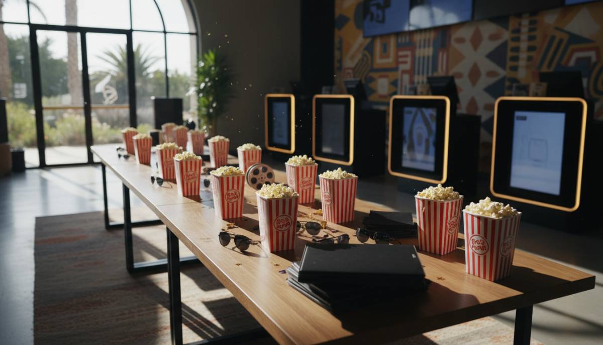 Cinema foyer decorated for a spy mission party
