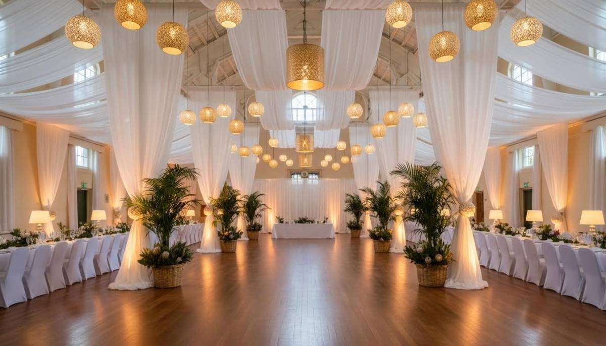School hall decorated for a white party