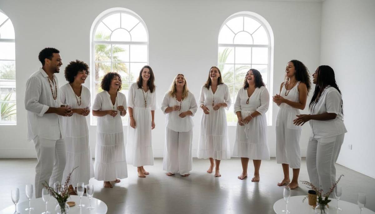 Guests laughing in a white studio party setting