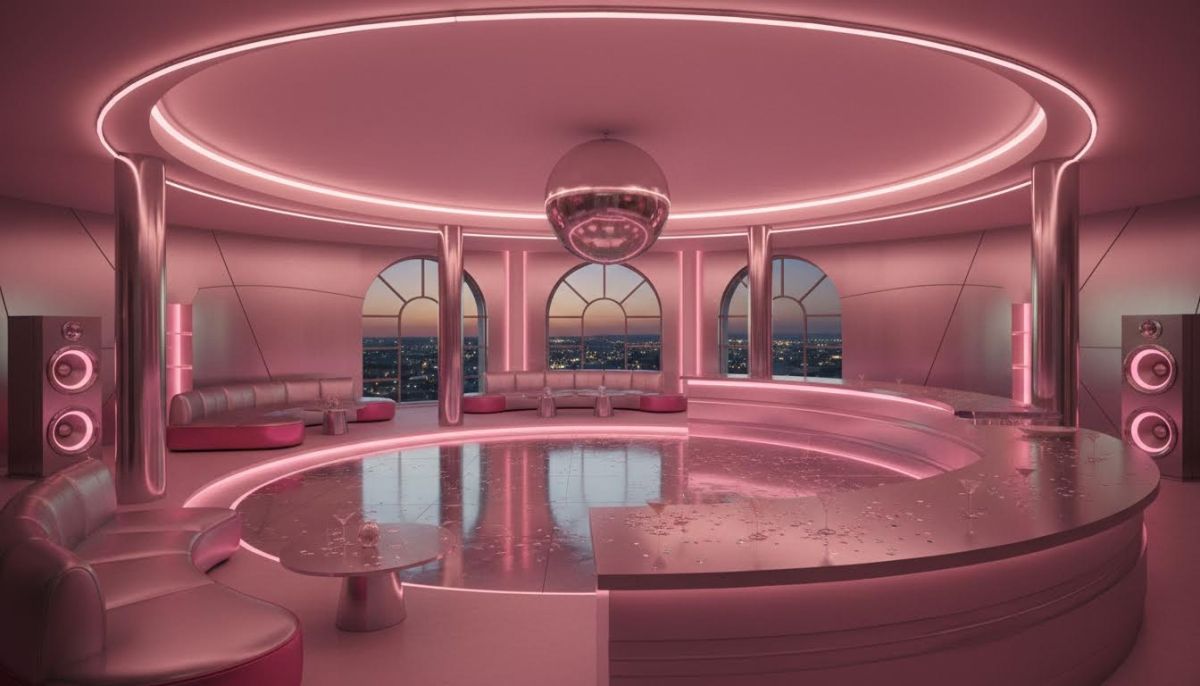 Empty Y2K themed party room with chrome and pink lighting