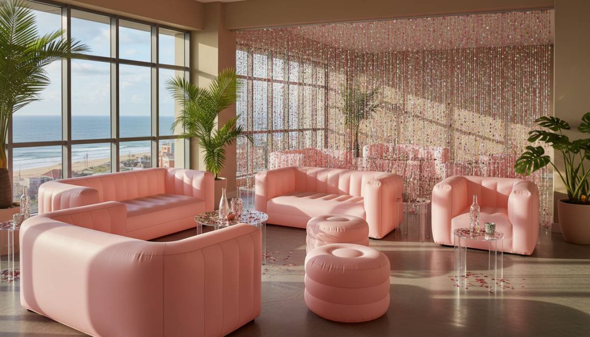 Pink inflatable Y2K lounge setup