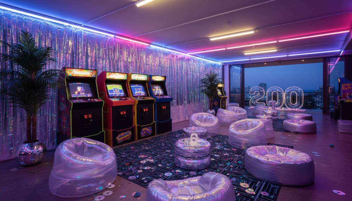 Retro arcade machines at a Y2K party