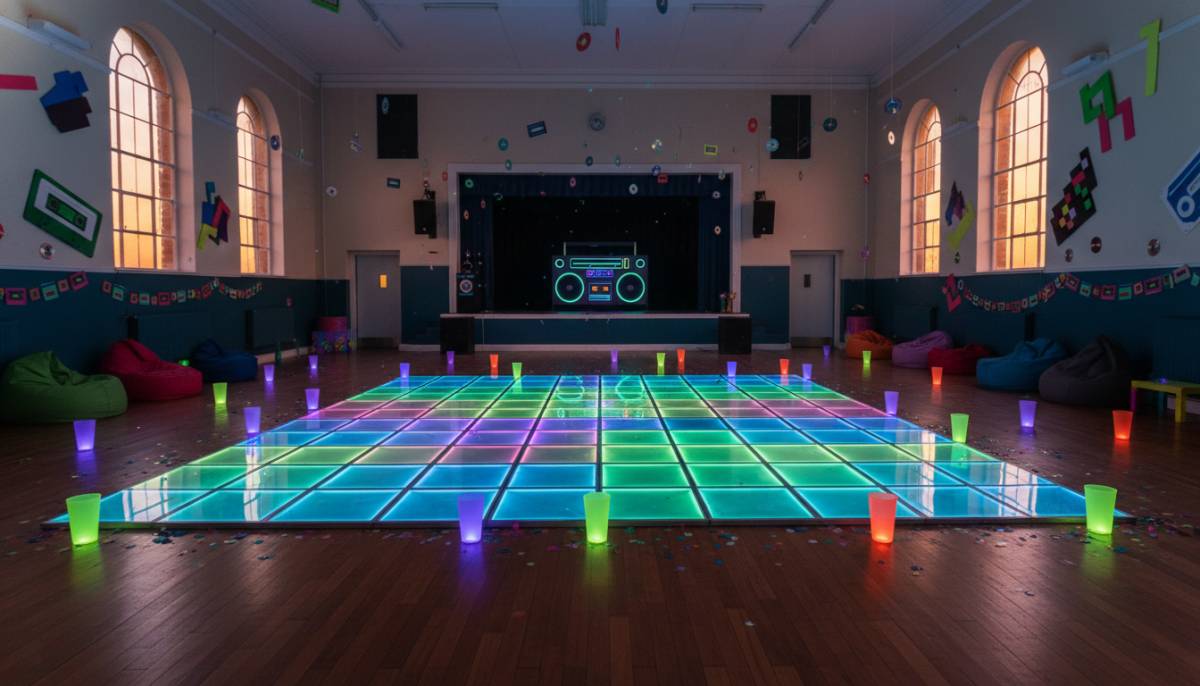Empty retro dance floor setup before guests arrive