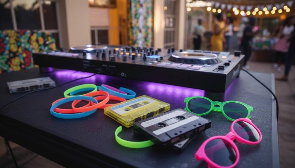 Retro DJ table with 90s rave props
