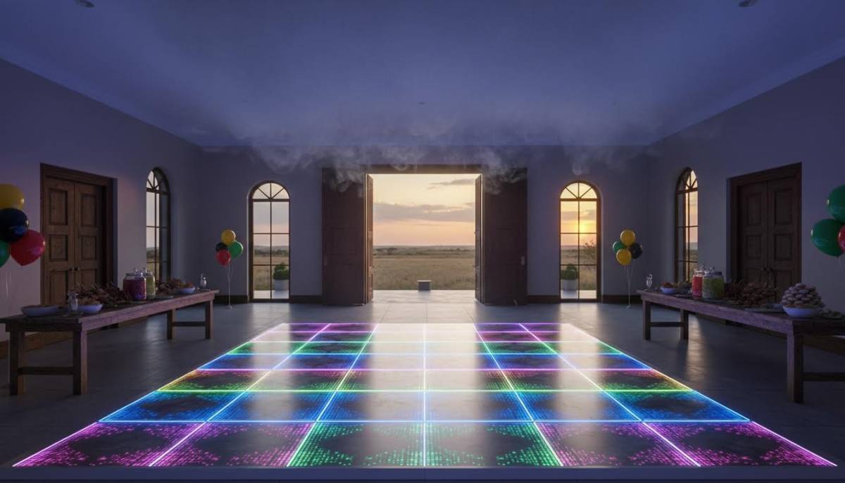 Retro rave venue setup before guests arrive