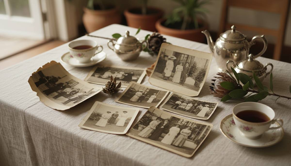 Family photos arranged for a 90th birthday memory table