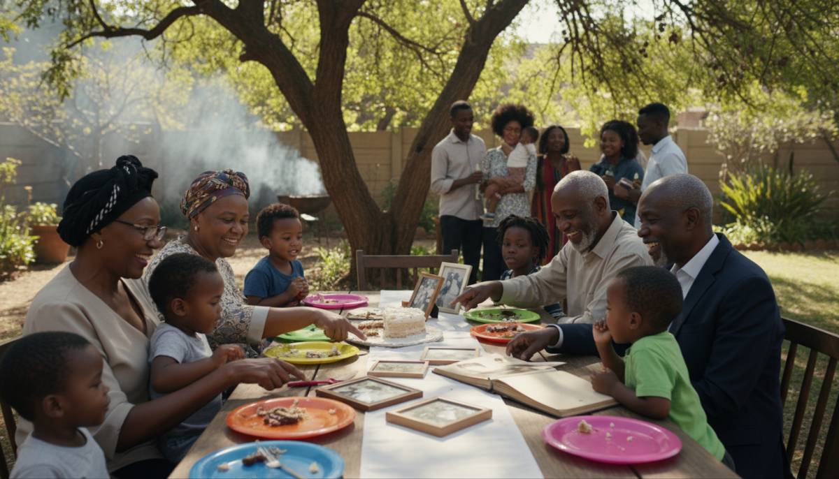 Guests looking at photos during a family reunion