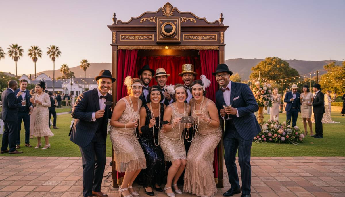 Guests using a vintage photo booth at a 1920s party