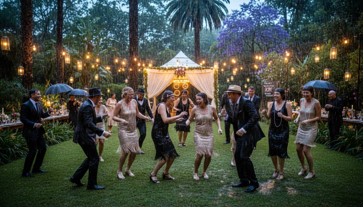 Guests dancing in the rain at a 1920s themed party