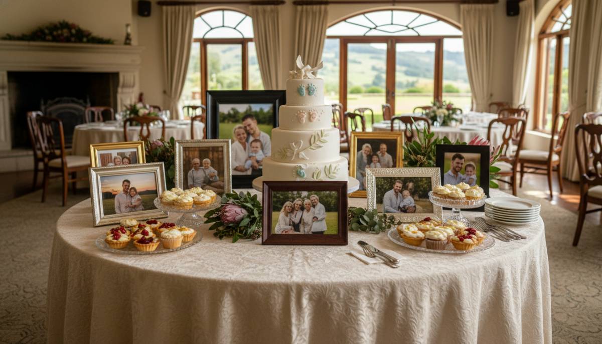 Cake table with framed family photos
