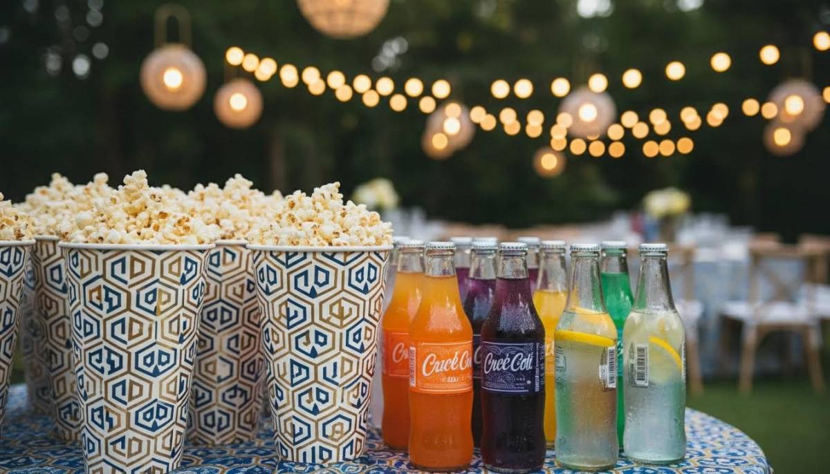 Popcorn cups and cold drinks ready for guests