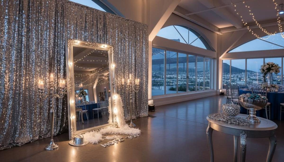 Mirror booth and silver backdrop ready for guests