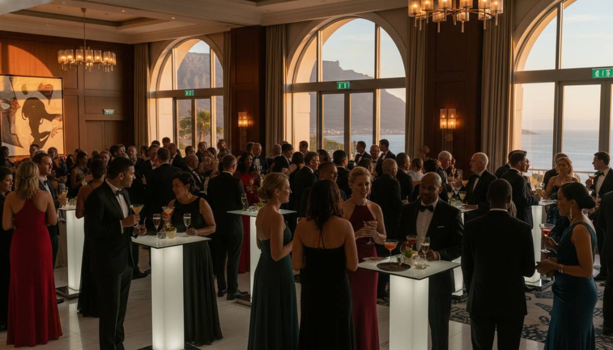 Black tie guests gathered near cocktail tables