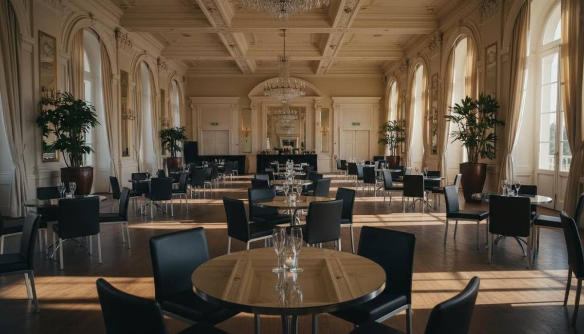 Empty black tie gala lounge set before guests arrive