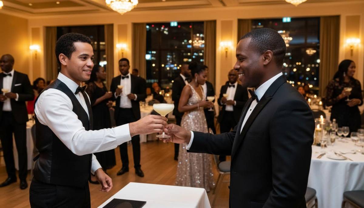 Bartender serving a cocktail to a gala guest