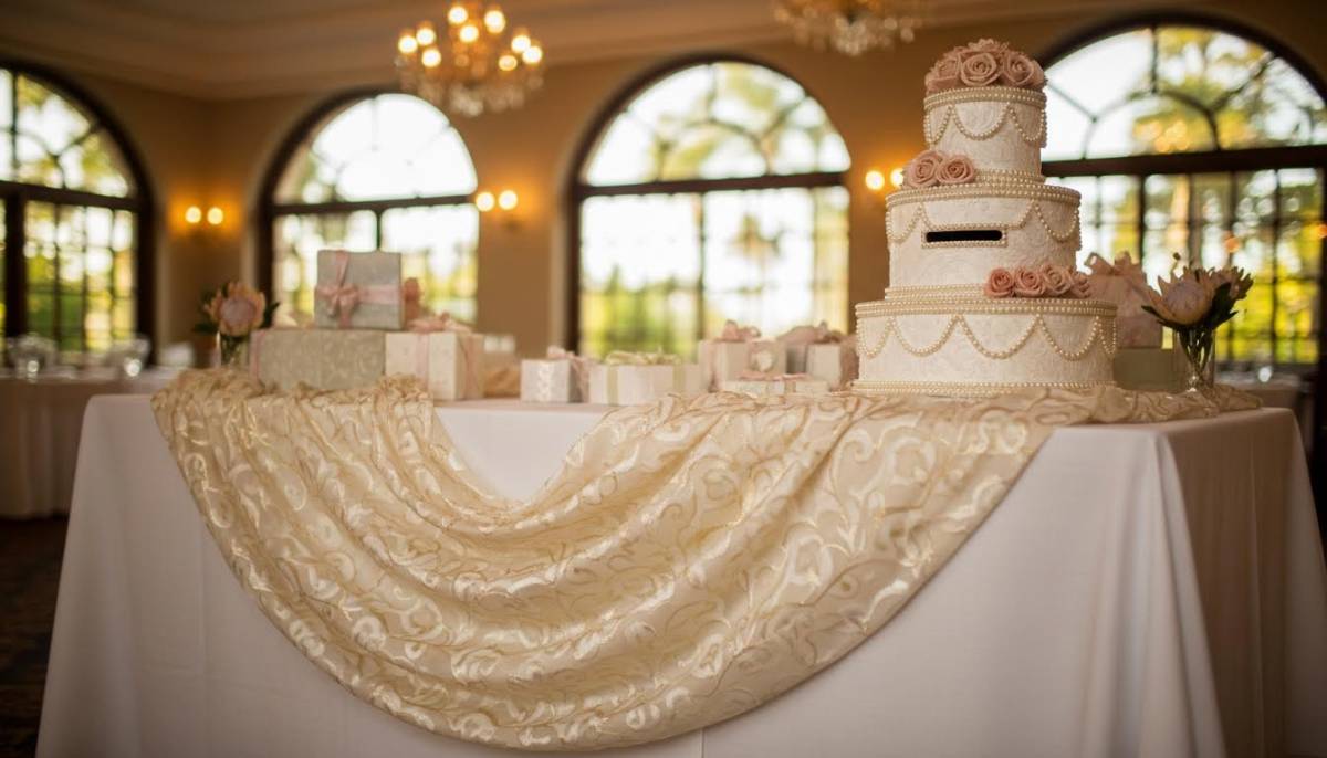 Banner and card box on a bridal shower gift table