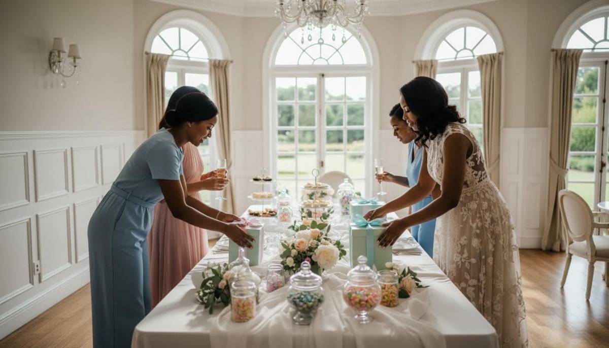Guests placing gifts on a bridal shower gift table