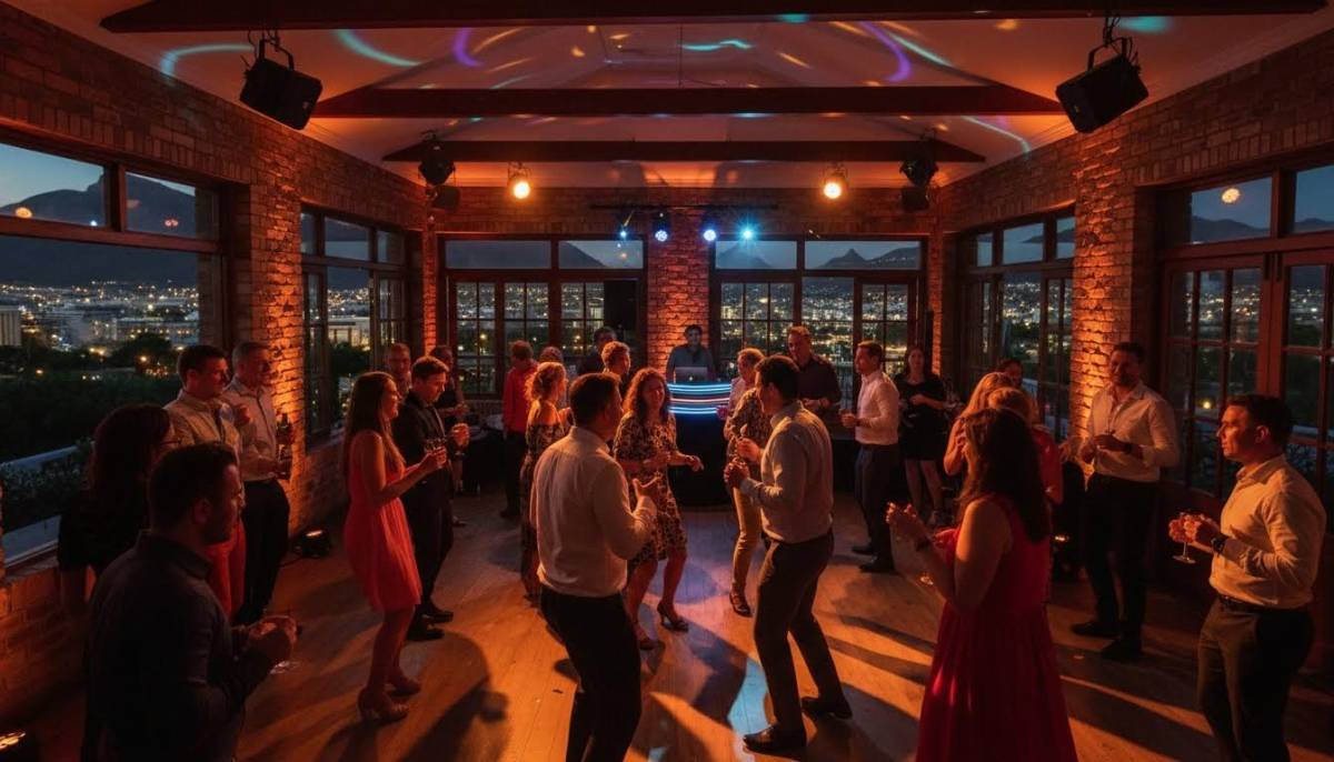 Warm party lighting on a small dance floor
