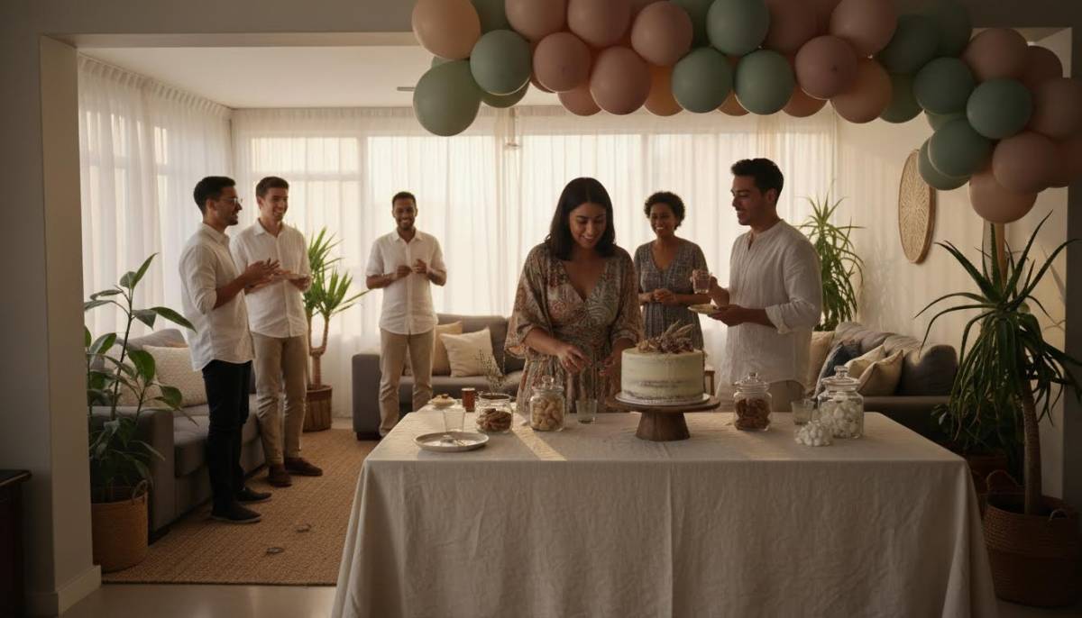 Neutral cake table with muted balloons