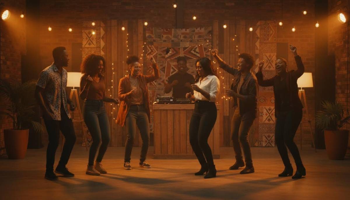 Young adults dancing near a styled backdrop