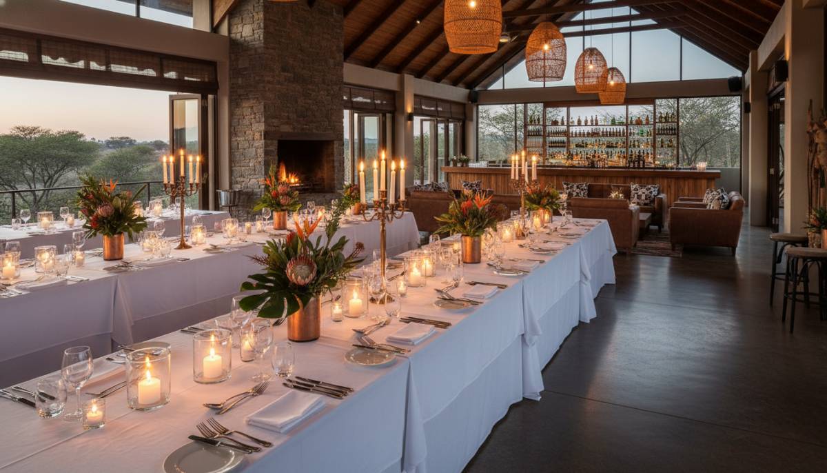Corporate dinner setup in an estate clubhouse