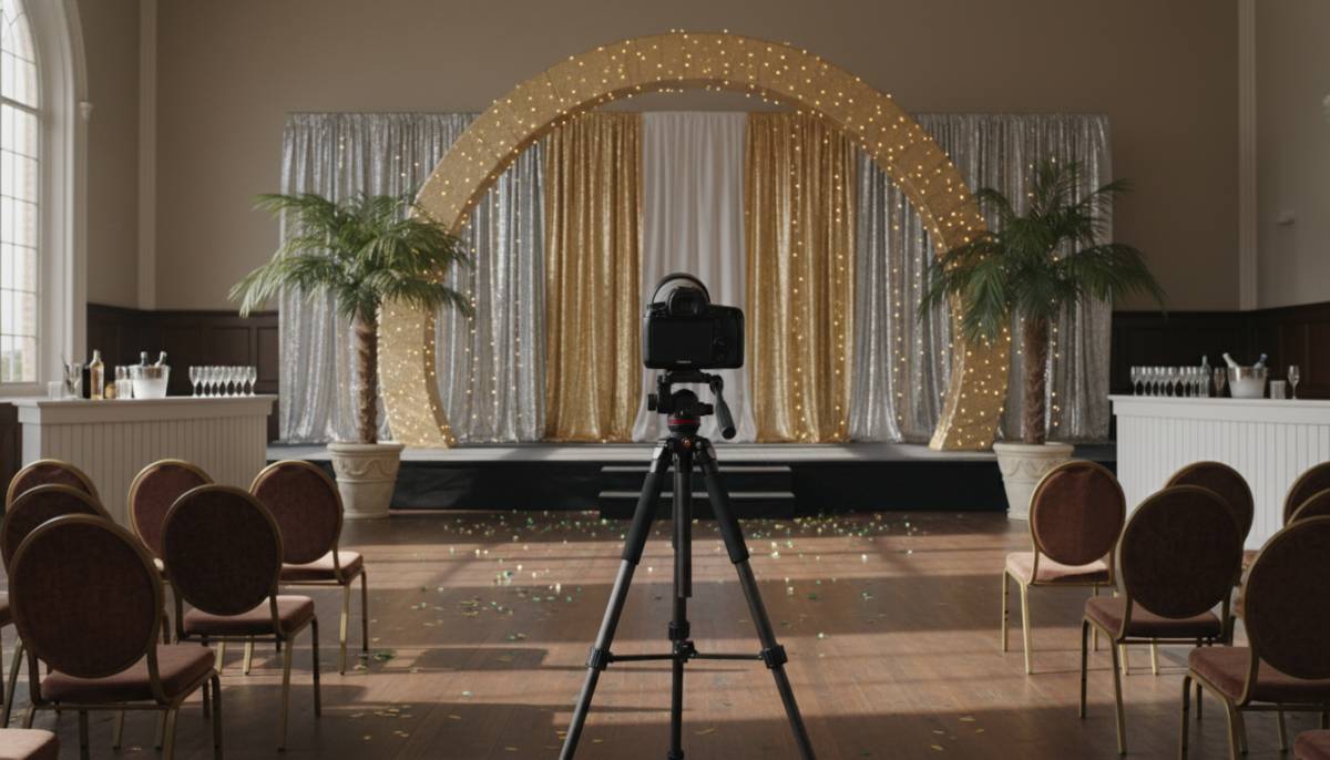 Camera setup facing a corporate backdrop