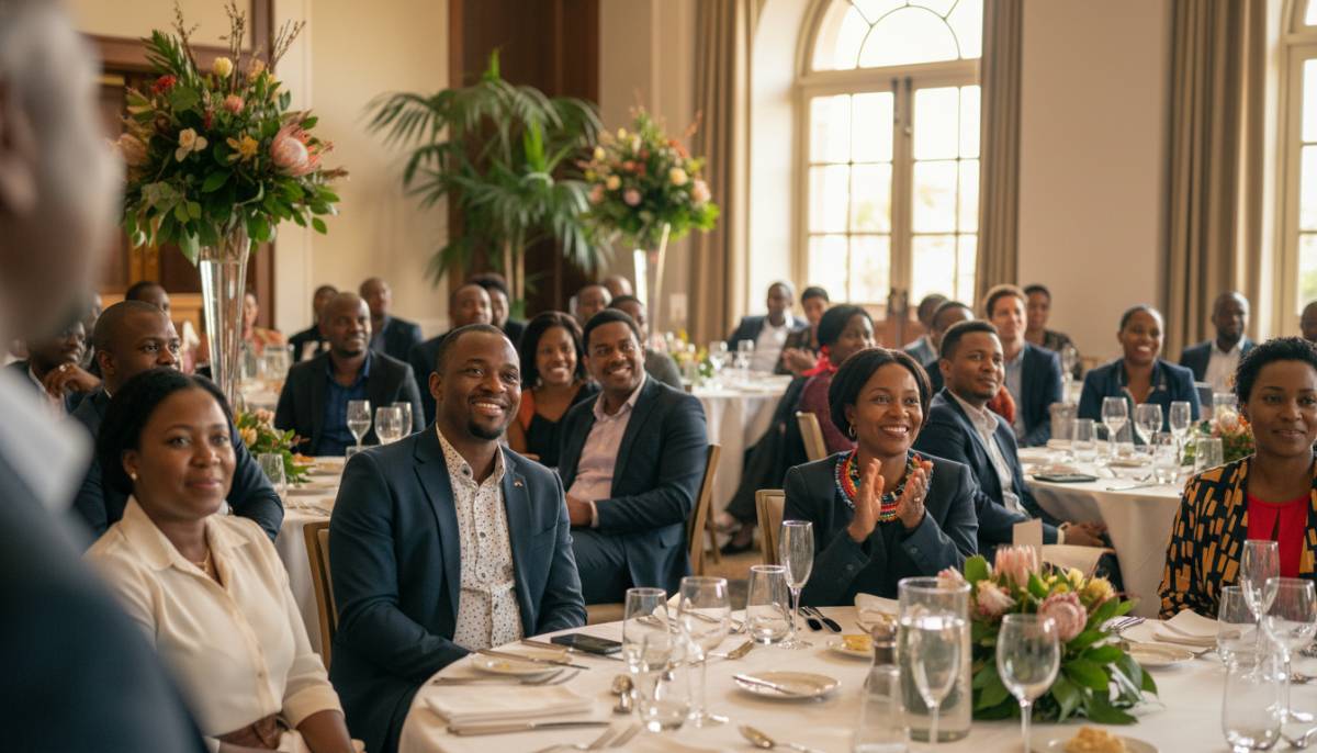 Guests listening during a company anniversary speech