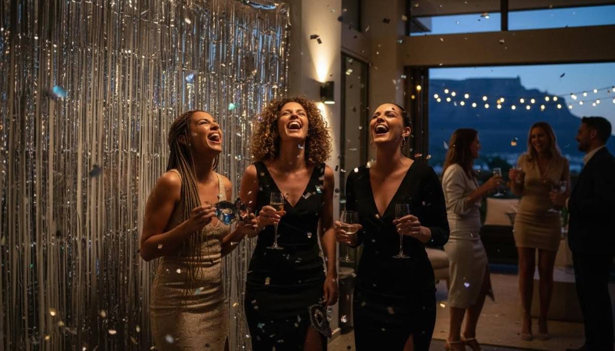 Guests laughing at a divorce party backdrop