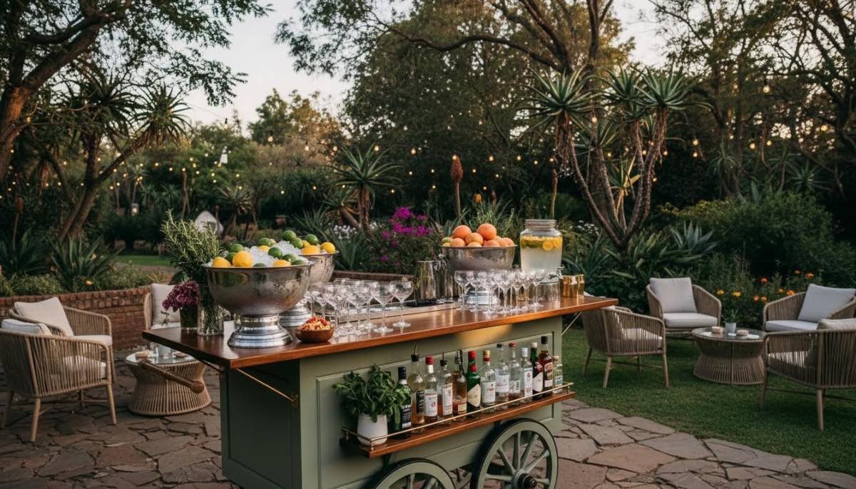 Mobile cocktail bar setup in a garden