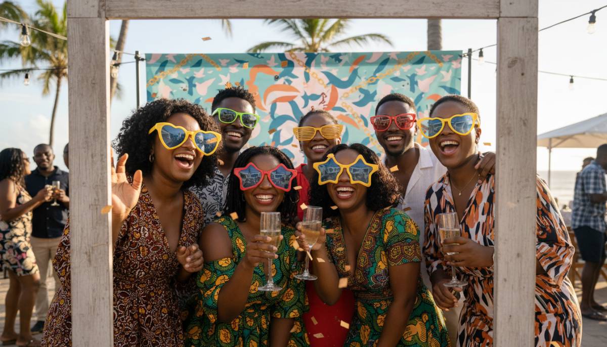 Guests posing at a divorce party photo booth