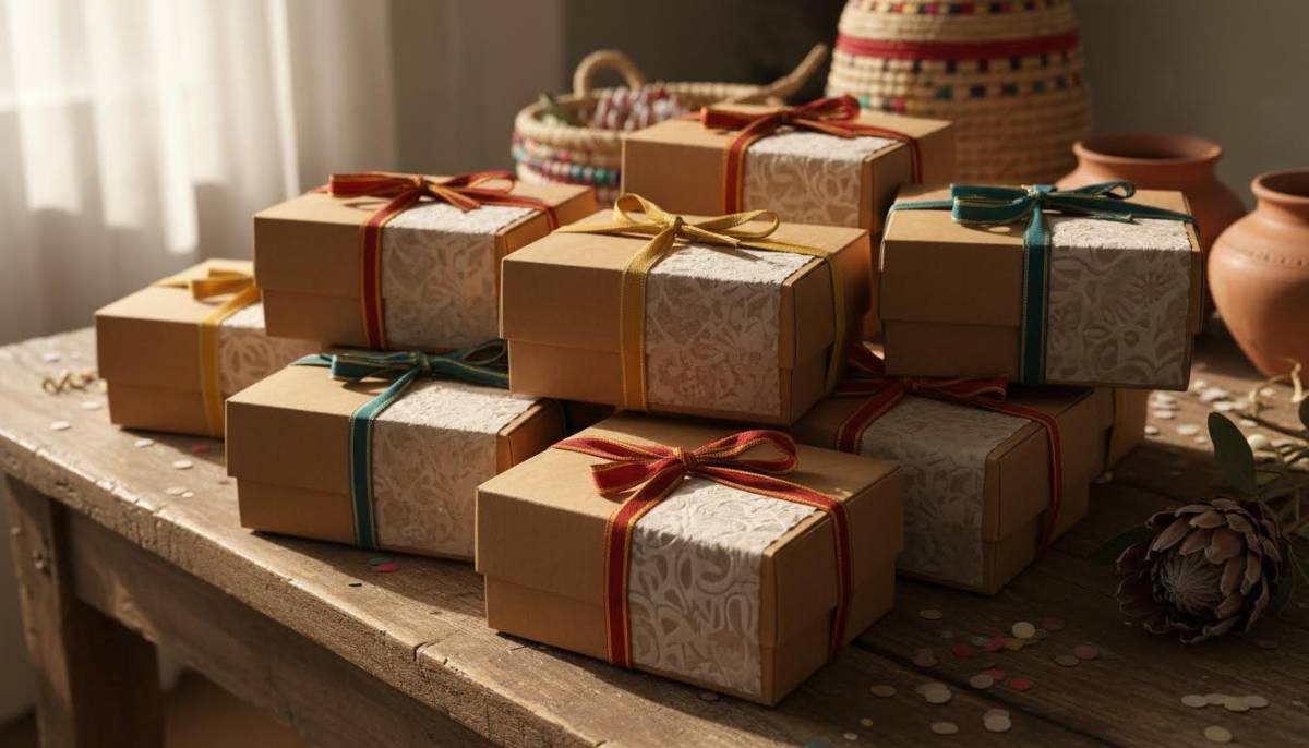 Packed mithai boxes for guests to take home