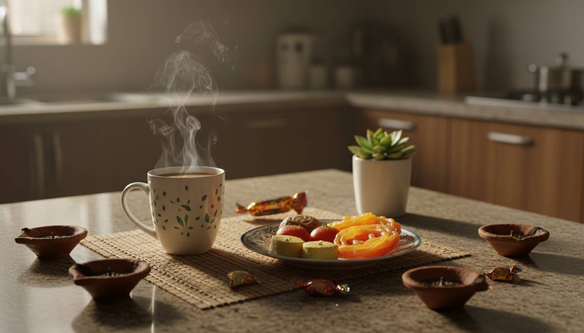 Morning after Diwali with chai and leftover sweets